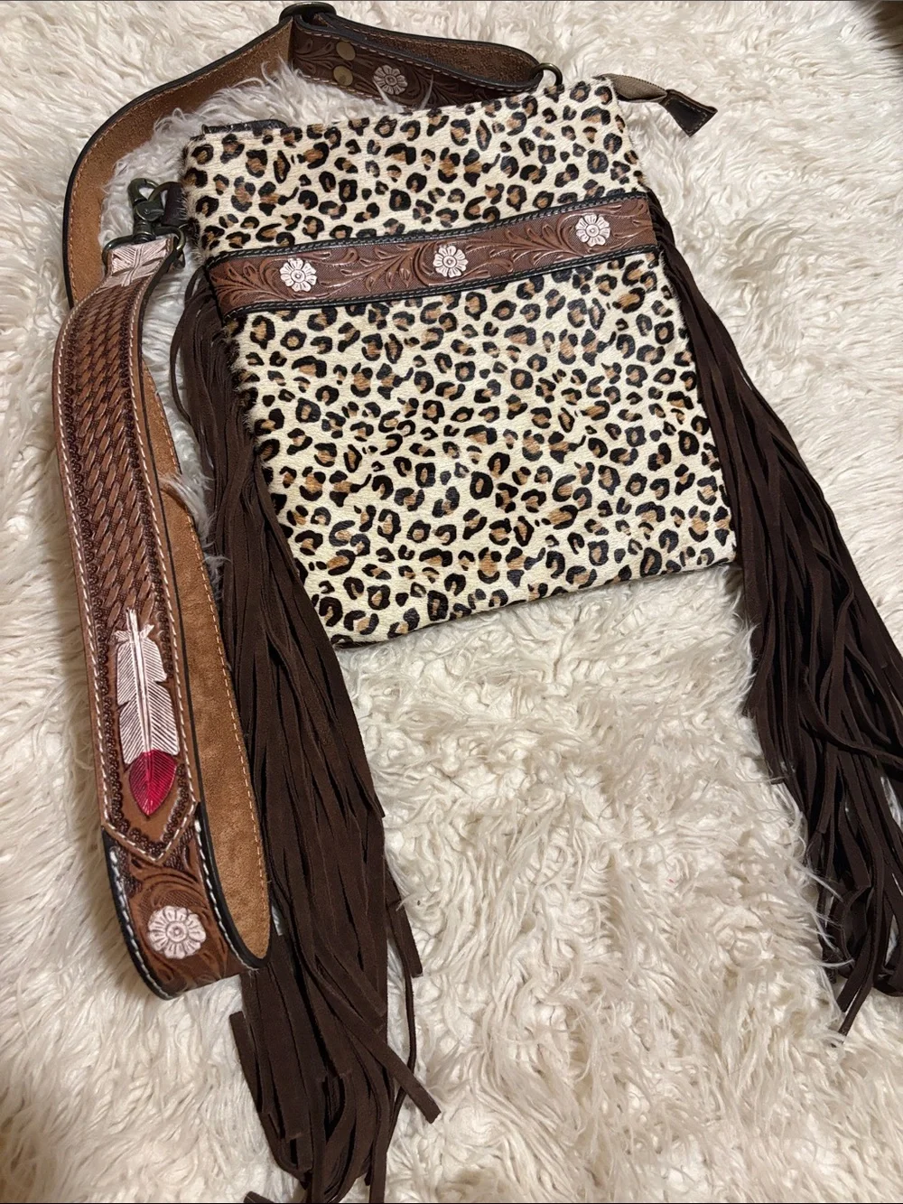 Myra Bag Leopard Print Crossbody with Brown Fringe